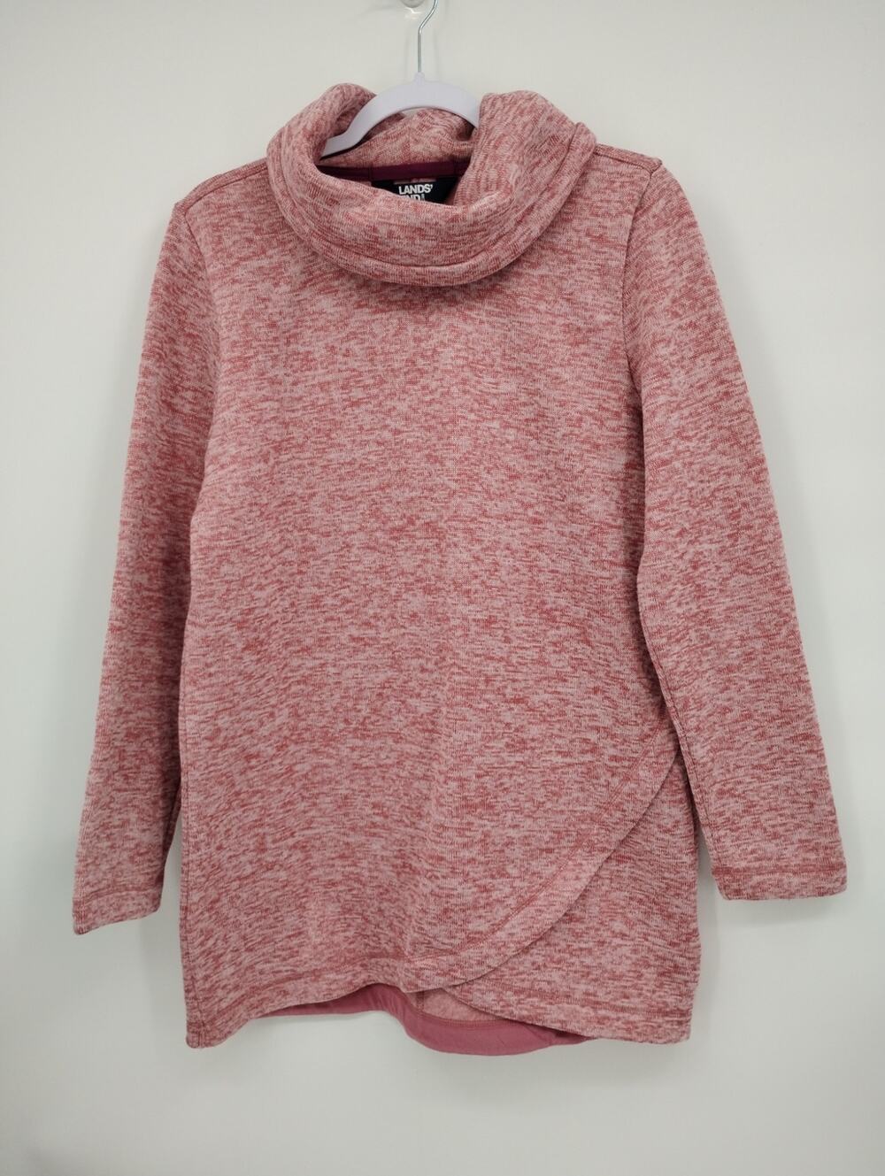 Lands' End Women's Sweater Fleece Tunic Cowl Neck Pullover Faux Wrap Pink Medium